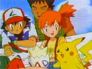 Ash, Brock, Misty and Pikachu talking with Togepy!
